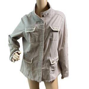 OSO Casuals Brown White Striped Stand Collar Utility Jacket Size 1X‎ Cottagecore